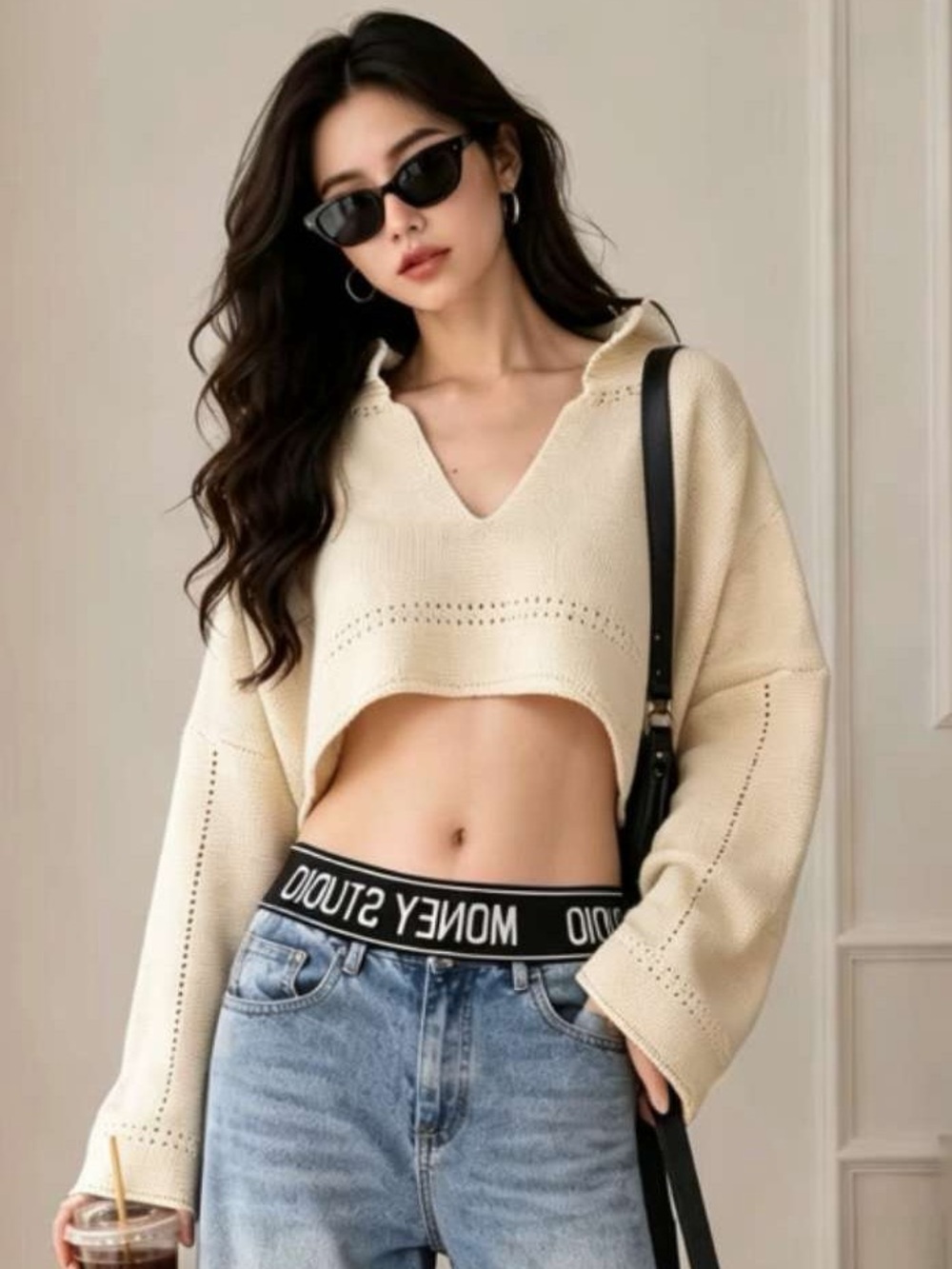 Women’s Cream V-Neck Cropped Open Knit Sweater